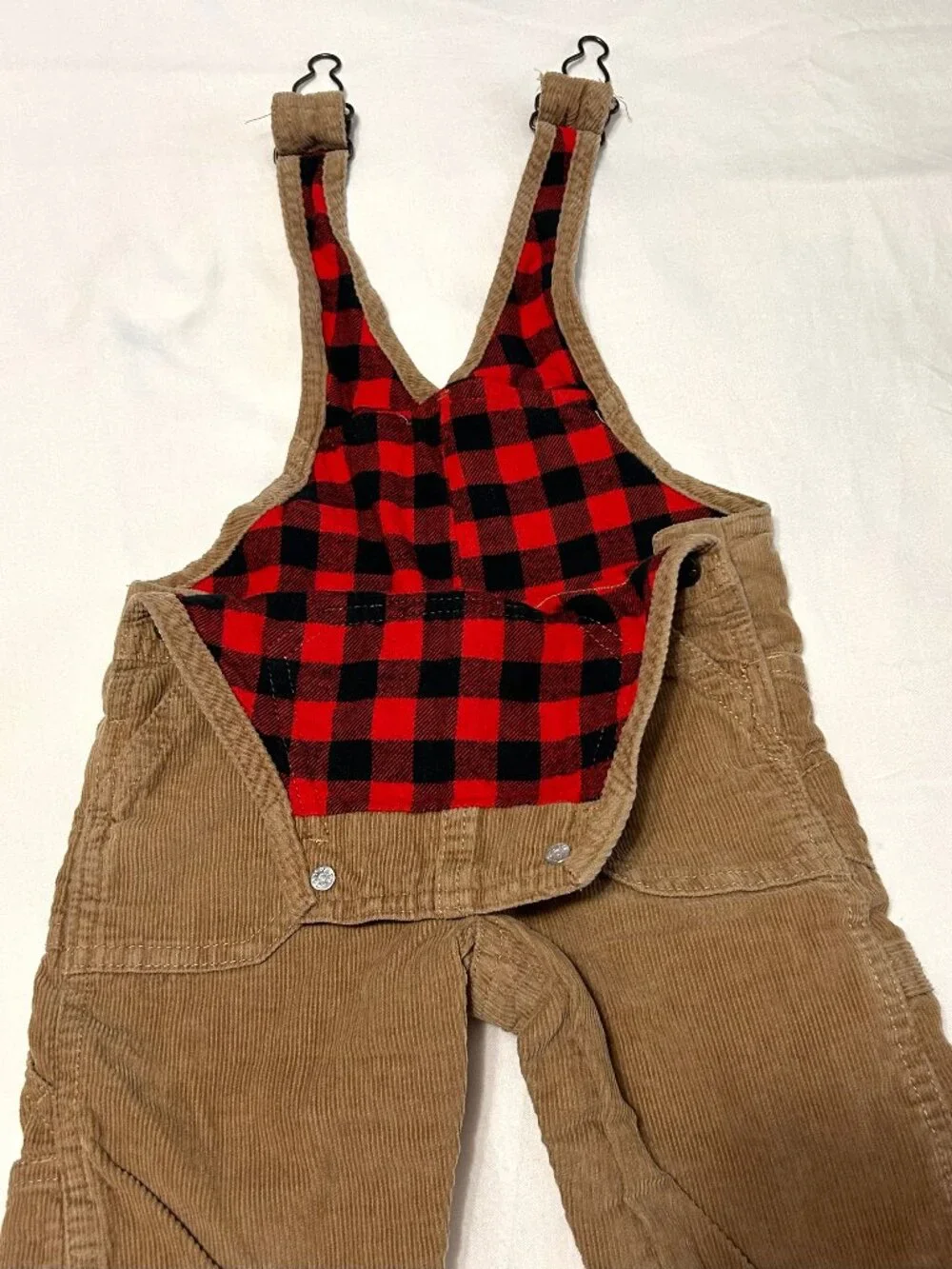 6 Month OshKosh B'Gosh Corduroy Tan Khaki Overalls with Plaid lining and pockets